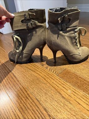 Women’s Lace-Up Suede Ankle Boots with Buckle Detail - Olive